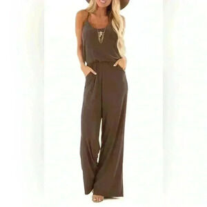 Lacozy Cotton Jumpsuit with Pockets in Dark Brown, Medium